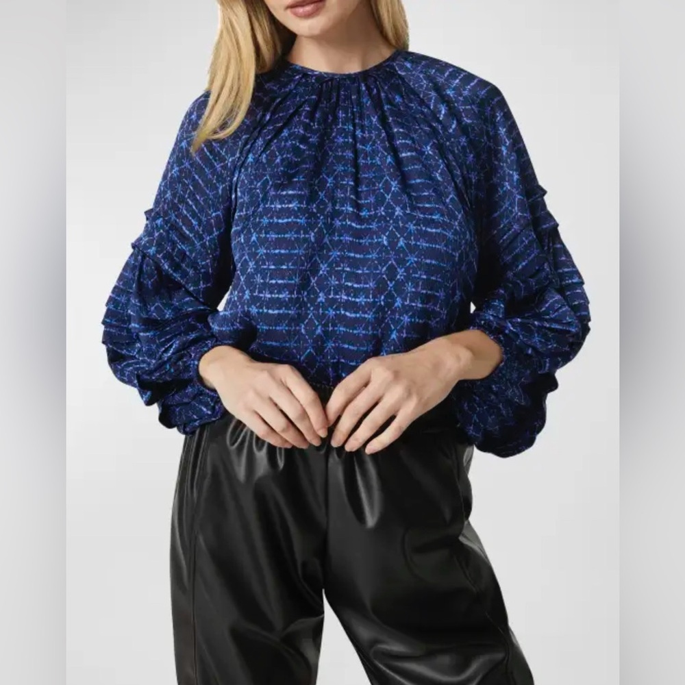 MISA Los Angeles Blue Victoire Shibori Dyed Puff Sleeve Top Blouse Size S Luxury